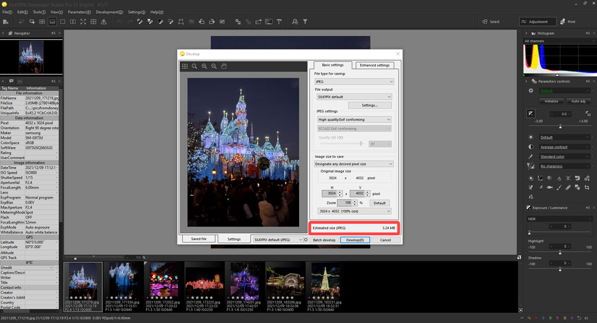 The file size of a photo in SILKYPIX is now displayed in the dialog when developing a photo as a JPEG file.