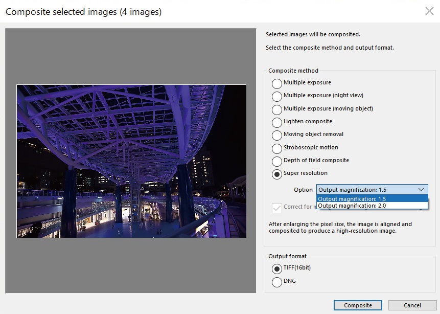Use the Composite Selected Images Dialog to apply options to the images you want to composite.