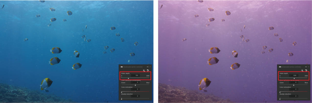 Adjust the Water Depth Control to simulate depth and adjustments to white balance